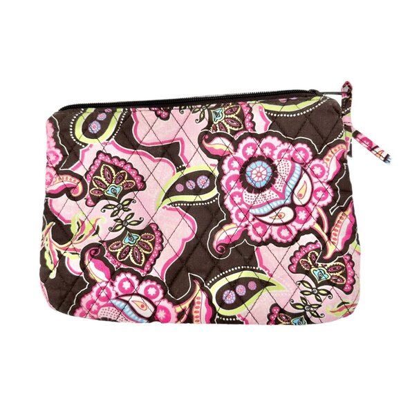 Tanya Lee Quilted Floral Zippered Pouch Make Up Travel Bag Pink Brown 6.5 x 9.5 - Picture 2 of 8